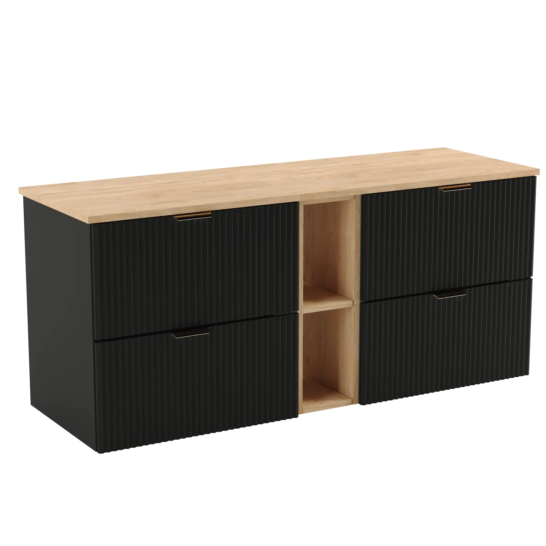 Dulap pentru lavoar Willy 140 cm negru cu blat din nuc și fronturi striate – mobilier modern cu spațiu mare de depozitare.