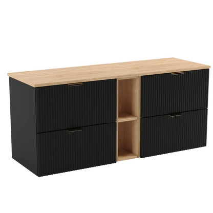 Dulap pentru lavoar Willy 140 cm negru cu blat din nuc și fronturi striate – mobilier modern cu spațiu mare de depozitare.