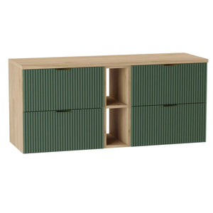 Dulap pentru lavoar Willy 140 cm Verde/Nuc cu raft lateral și blat, sertare soft-close și decupaj pentru sifon – soluție modernă și practică.