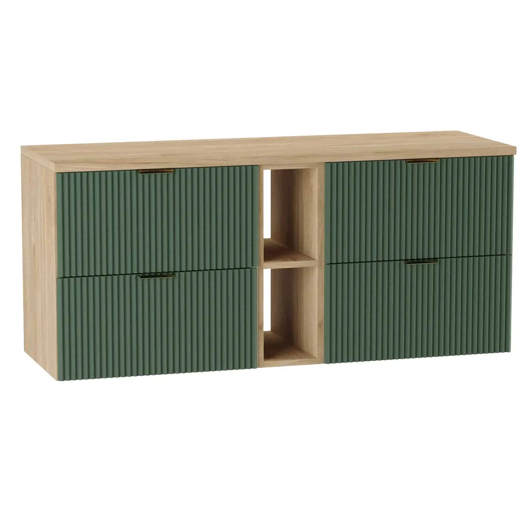 Dulap pentru lavoar Willy 140 cm Verde/Nuc cu raft lateral și blat, sertare soft-close și decupaj pentru sifon – soluție modernă și practică.
