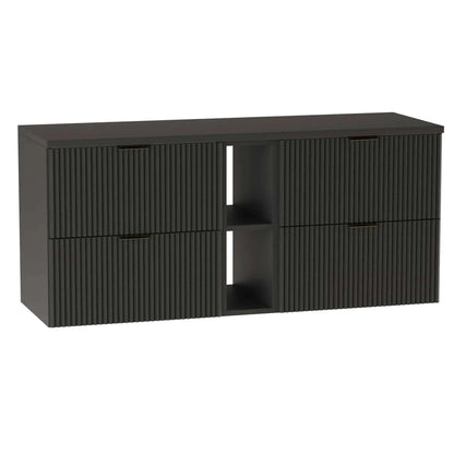 Dulap pentru lavoar Willy 140 cm Negru cu fronturi striate, 4 sertare cu decupaj pentru sifon și raft – mobilier modern și elegant pentru baie.