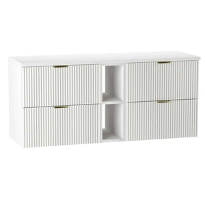 Dulap pentru lavoar Willy 140 cm Alb Alpin cu fronturi striate, sertare cu decupaj pentru sifon și raft – mobilier modern și elegant pentru baie.