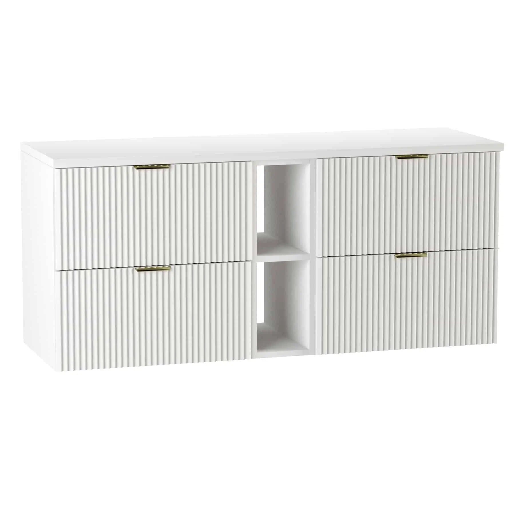 Dulap pentru lavoar Willy 140 cm Alb Alpin cu fronturi striate, sertare cu decupaj pentru sifon și raft – mobilier modern și elegant pentru baie.