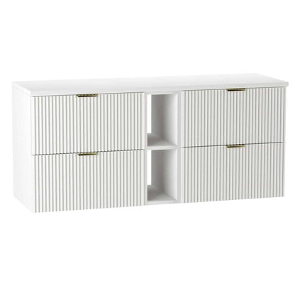 Dulap pentru lavoar Willy 140 cm Alb Alpin cu fronturi striate, sertare cu decupaj pentru sifon și raft – mobilier modern și elegant pentru baie.