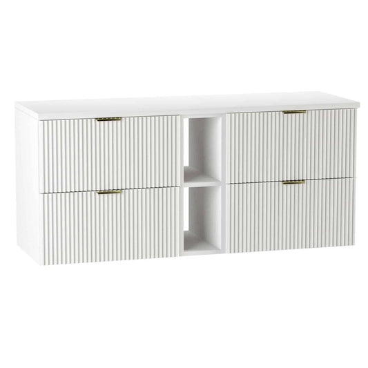 Dulap pentru lavoar Willy 140 cm Alb Alpin cu fronturi striate, sertare cu decupaj pentru sifon și raft – mobilier modern și elegant pentru baie.