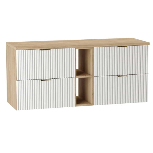 Dulap pentru lavoar Willy 140 cm Alb/Nuc cu fronturi canelate și sertare cu decupaj pentru sifon – mobilier elegant și spațios pentru baie.