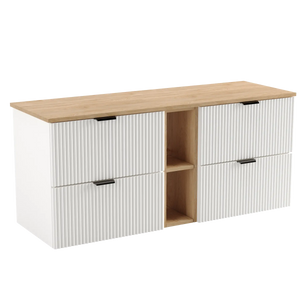 Dulap pentru lavoar Willy 140 cm alb cu raft și blat din Nuc – mobilier de baie modern, elegant și spațios.