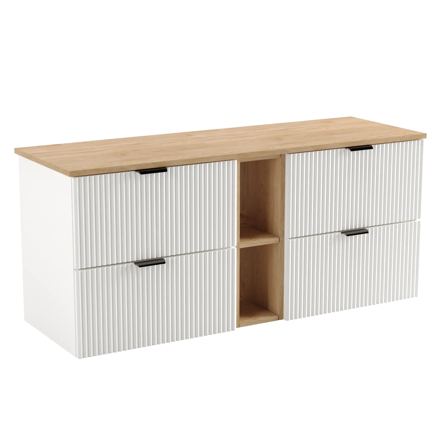 Dulap pentru lavoar Willy 140 cm alb cu raft și blat din Nuc – mobilier de baie modern, elegant și spațios.