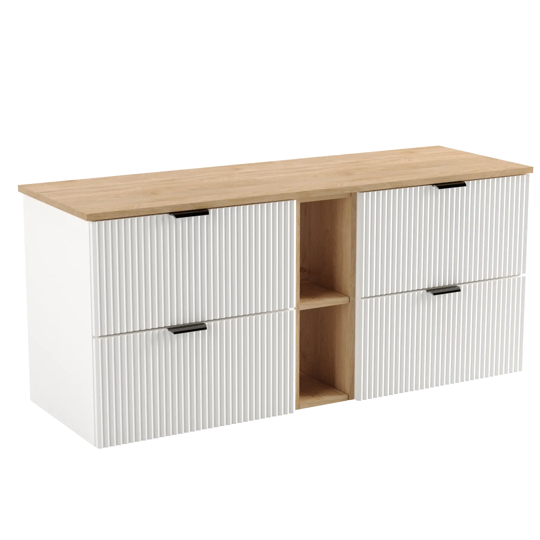 Dulap pentru lavoar Willy 140 cm alb cu raft și blat din Nuc – mobilier de baie modern, elegant și spațios.