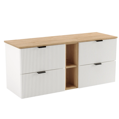 Dulap pentru lavoar Willy 140 cm alb cu raft și blat din Nuc – mobilier de baie modern, elegant și spațios.