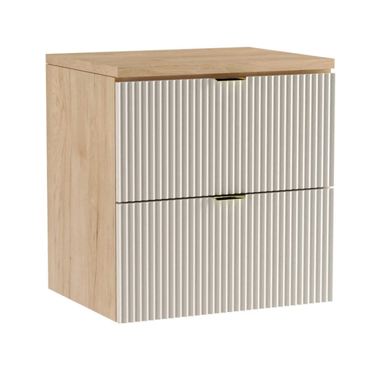 Dulap pentru lavoar Willy 60 cm Cașmir/Nuc cu fronturi striate – mobilier de baie modern, elegant și funcțional.