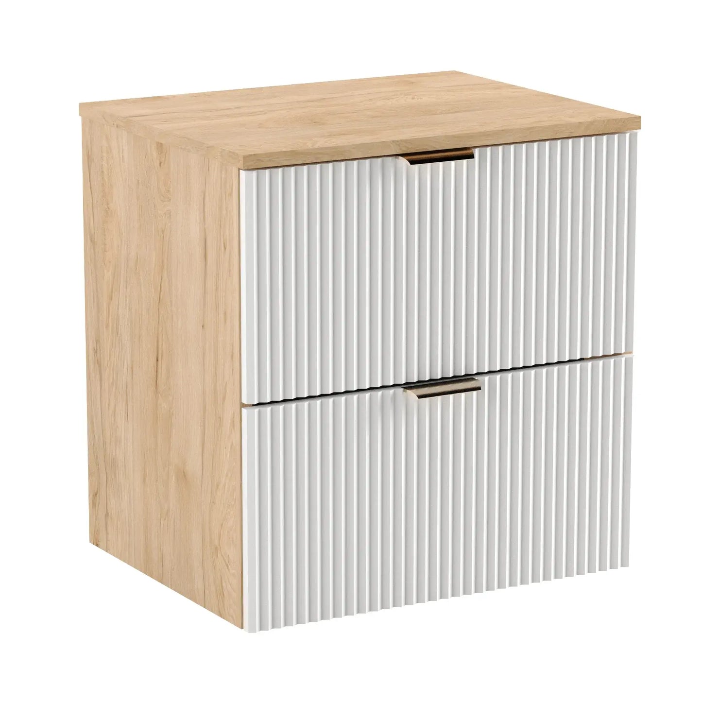 Dulap pentru lavoar Willy 60 cm alb/nuc cu fronturi striate – mobilier modern, elegant și funcțional pentru băi mici.