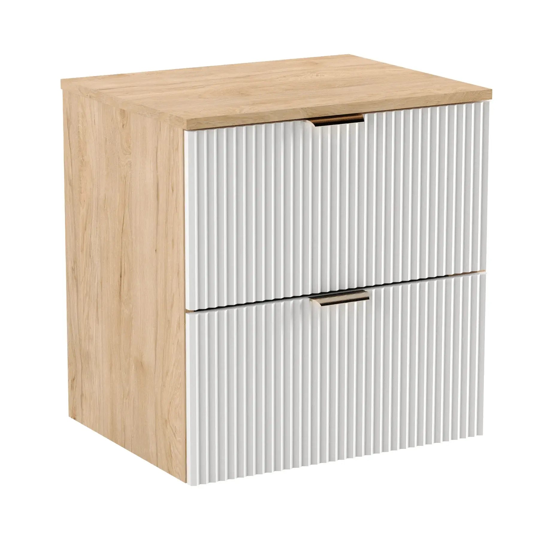 Dulap pentru lavoar Willy 60 cm alb/nuc cu fronturi striate – mobilier modern, elegant și funcțional pentru băi mici.