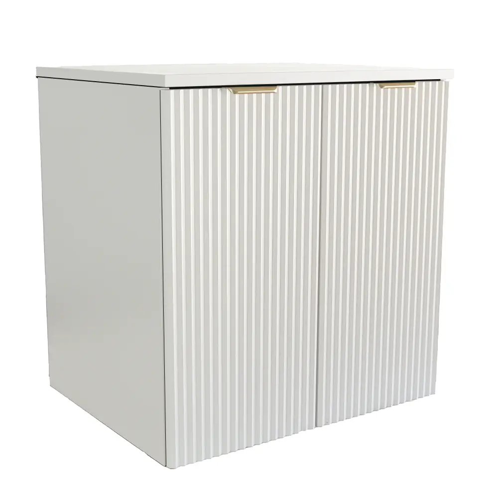 Dulap pentru lavoar Willy 60 cm Alb – mobilier suspendat complet alb, cu fronturi striate, blat alb și două uși cu raft interior.