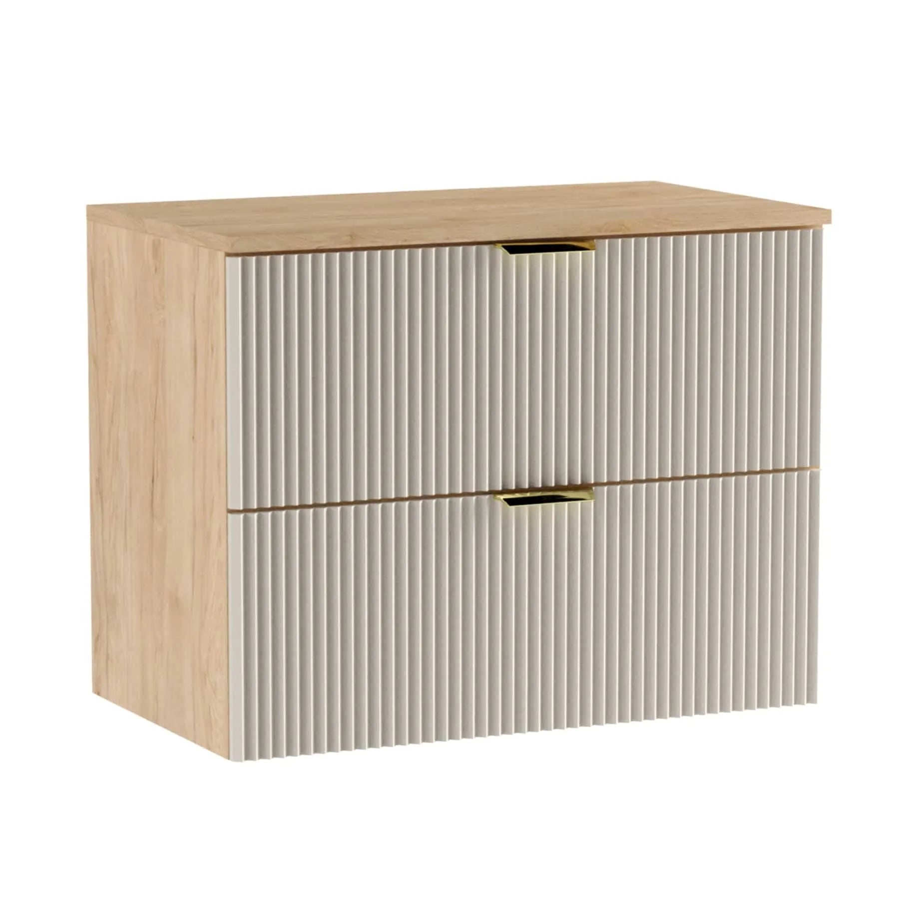 Dulap pentru lavoar Willy 80 cm Cașmir/Nuc cu fronturi striate – mobilier modern, elegant și funcțional pentru baie.