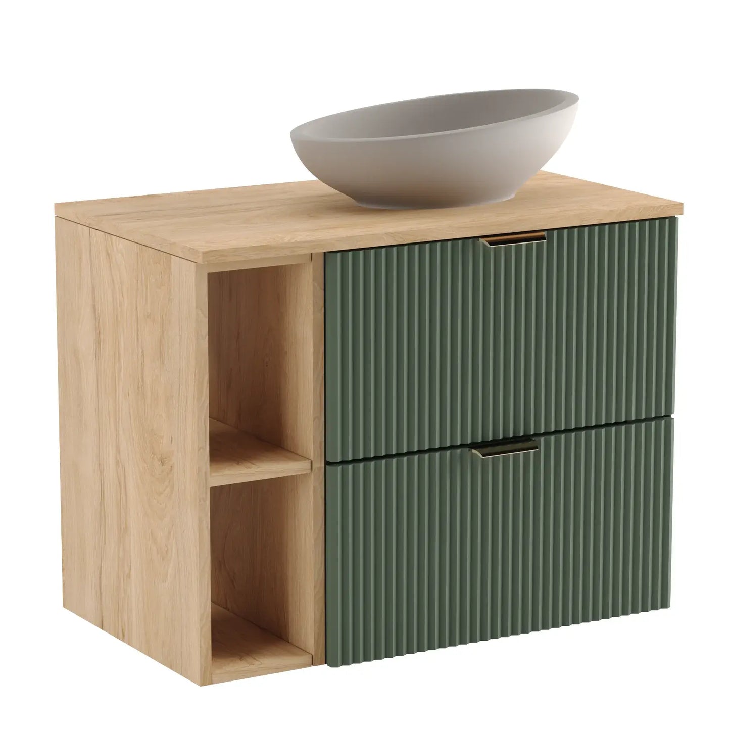 Dulap pentru lavoar Willy 80 cm Verde/Nuc – mobilier modern cu raft lateral, sertare încăpătoare și finisaj cald din nuc natural.