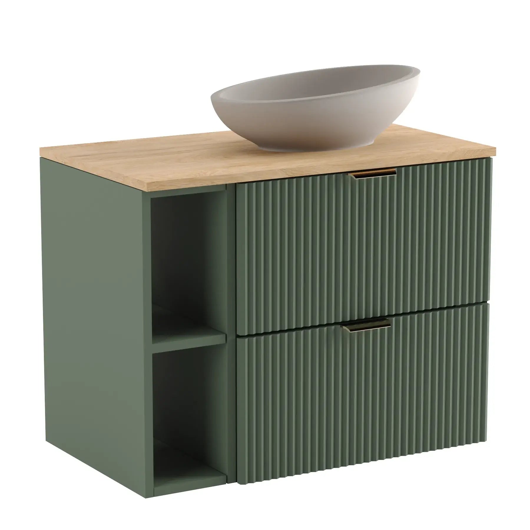Dulap pentru lavoar Willy 80 cm Verde, Nuc top – mobilier modern cu fronturi striate, raft lateral și blat elegant din nuc.