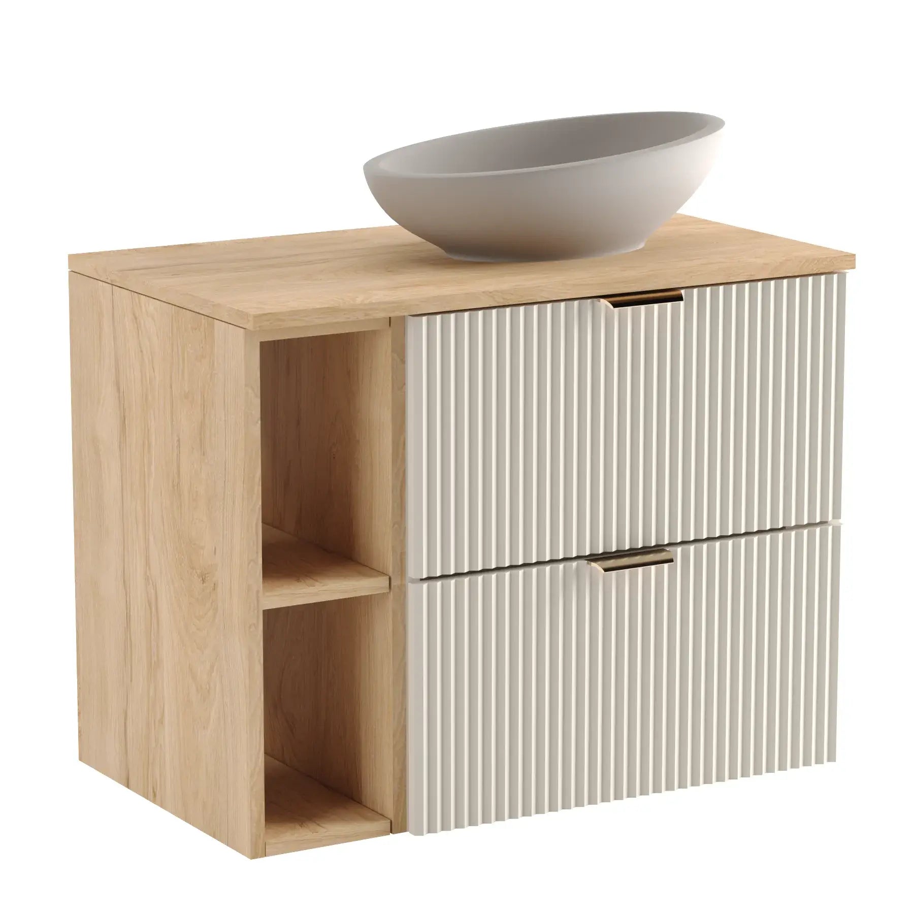 Waschtischunterschrank Willy, 80 cm breit, in Kaschmir mit Regal und Walnussakzenten.
