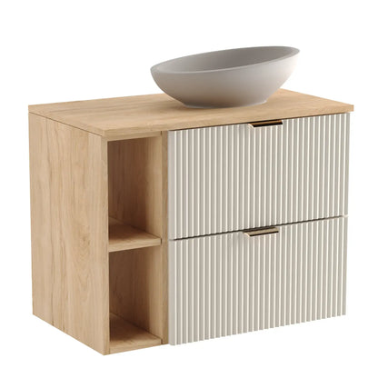 Waschtischunterschrank Willy, 80 cm breit, in Kaschmir mit Regal und Walnussakzenten.