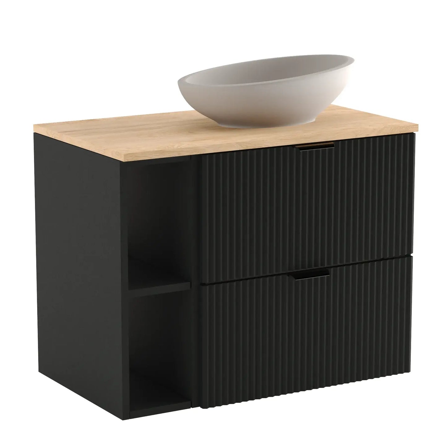 Waschtischunterschrank Willy, 80 cm, in Schwarz und Walnuss, perfekt für moderne Badezimmer mit zusätzlichem Regal.