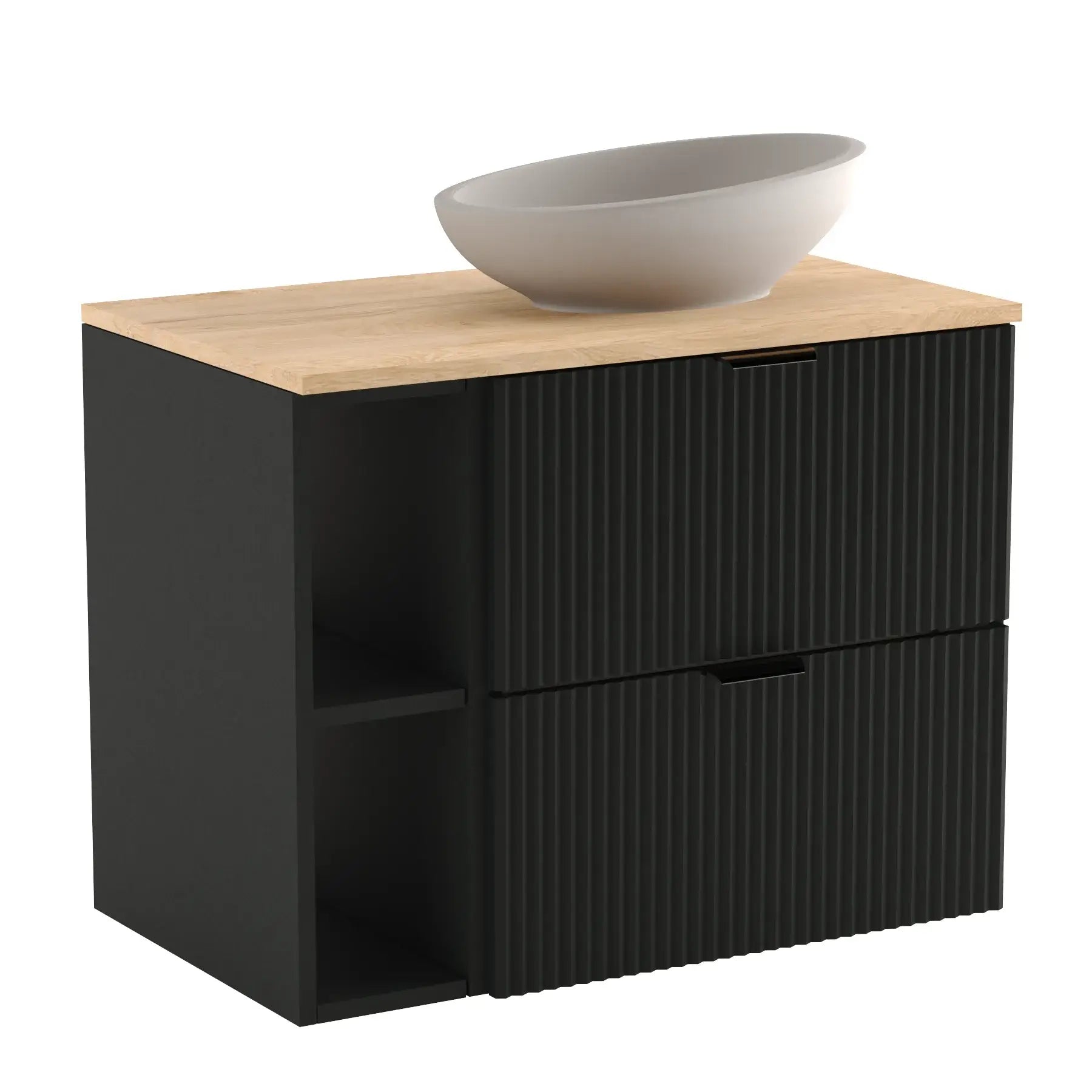 Waschtischunterschrank Willy, 80 cm, in Schwarz und Walnuss, perfekt für moderne Badezimmer mit zusätzlichem Regal.