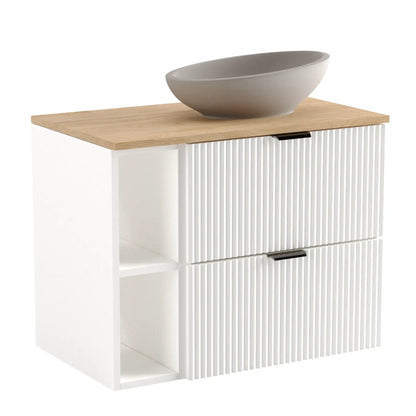 Dulap pentru lavoar Willy 80 cm Alb, Nuc top – mobilier modern cu raft lateral, sertare încăpătoare și blat elegant din nuc natural.