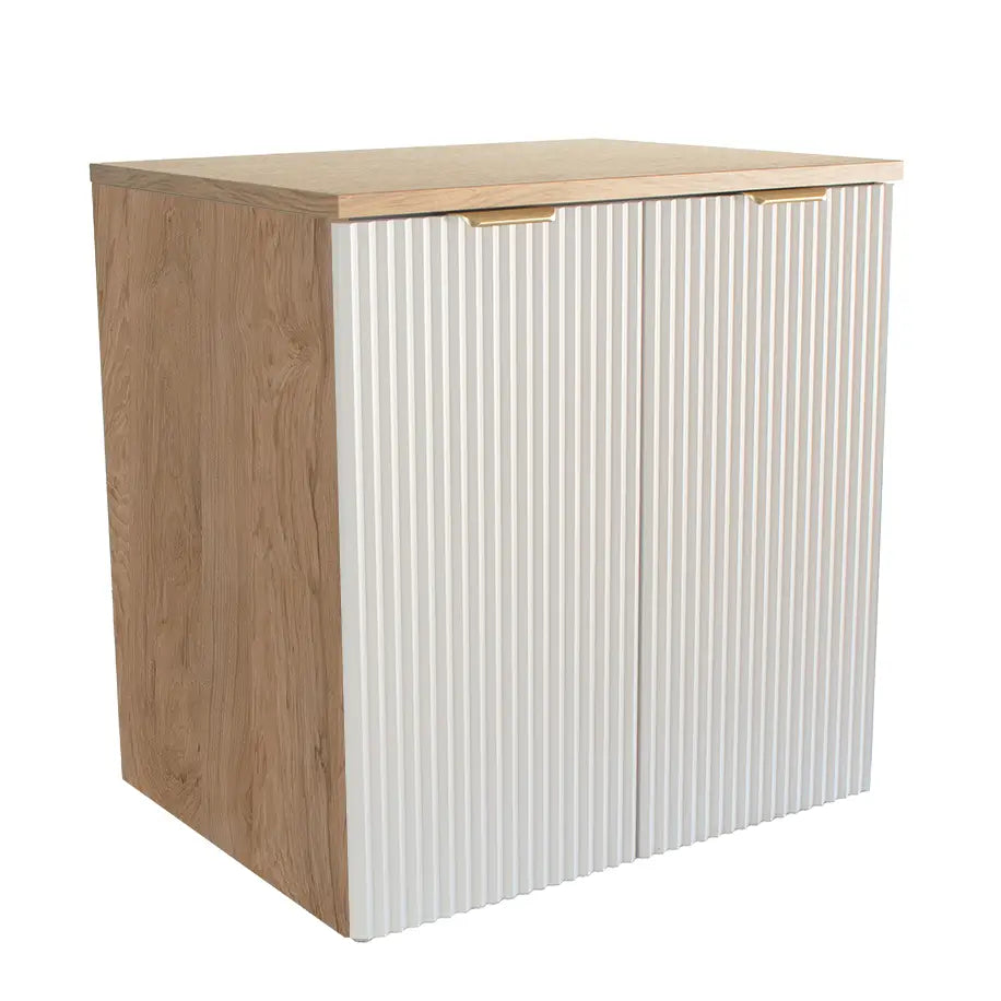 Dulap pentru lavoar Willy 60 cm Alb/Nuc – mobilier suspendat cu fronturi albe striate, blat Nuc și două uși cu raft interior.