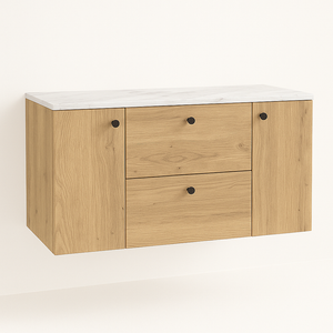 Dulap lavoar 120 cm Beti Stejar Cremona cu blat Marmura Albă, 2 sertare SOFT-CLOSE și 2 uși, design modern și elegant.