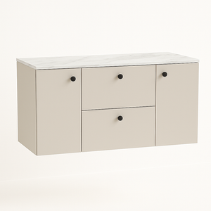 Dulap lavoar 120 cm Cășmir cu blat Marmură Albă, 2 sertare SOFT-CLOSE și 2 uși cu raft interior.