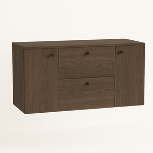 Dulap lavoar 120 cm Beti Nuc Închis, cu 2 sertare SOFT-CLOSE și 2 uși, design modern și cald pentru baie.