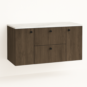 Dulap lavoar 120 cm Beti Nuc Închis/Marmură Albă, cu 2 sertare SOFT-CLOSE și 2 uși, design modern și elegant pentru baie.