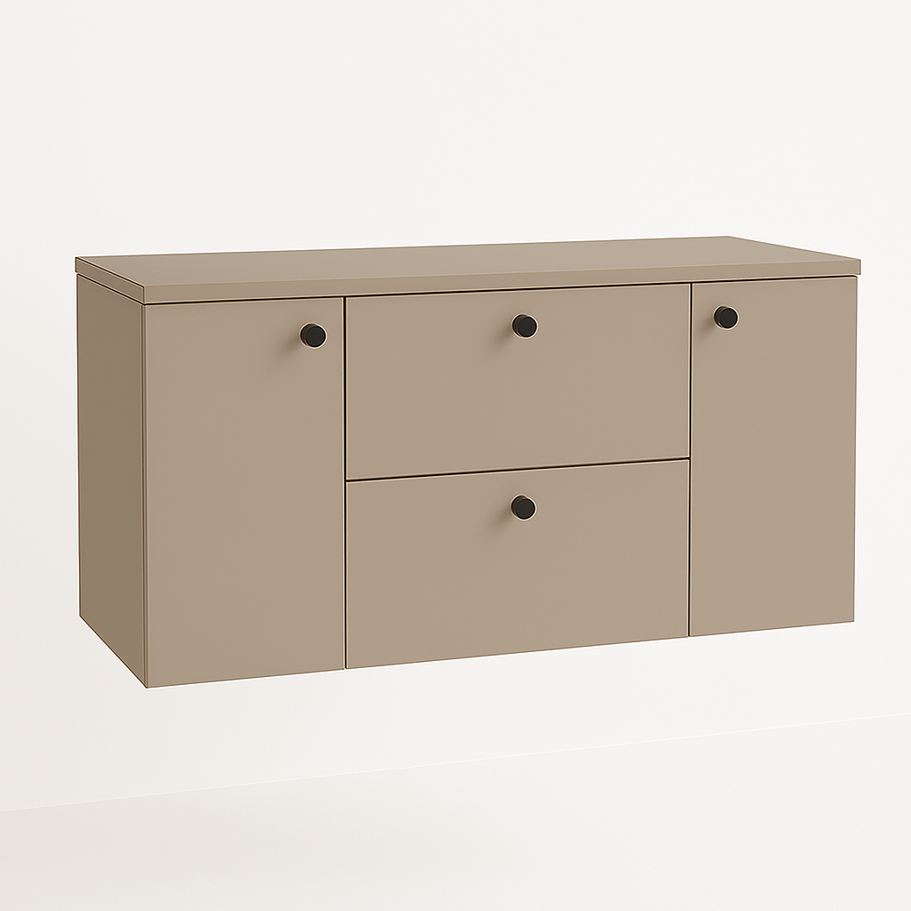 Dulap lavoar 120 cm Beti Cappuccino, cu 2 sertare SOFT-CLOSE și 2 uși, design elegant și funcțional pentru baie.