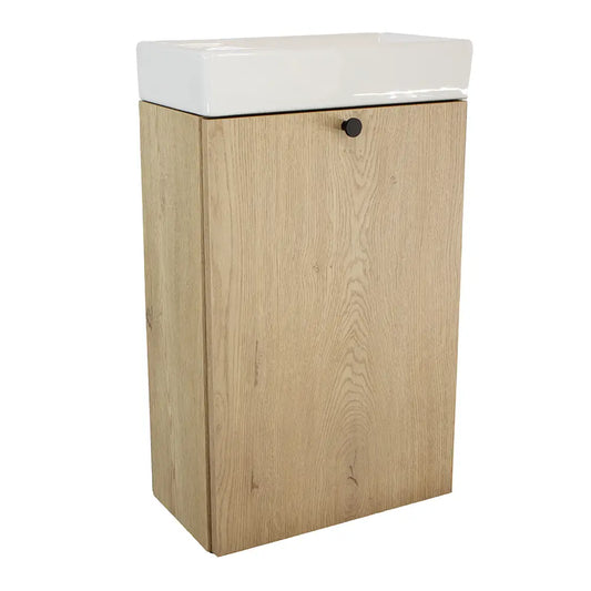 Dulap pentru lavoar Beti 40 cm cu chiuvetă, finisaj Stejar Cremona, ușă netedă cu mâner metalic rotund, ideal pentru băi mici și moderne.