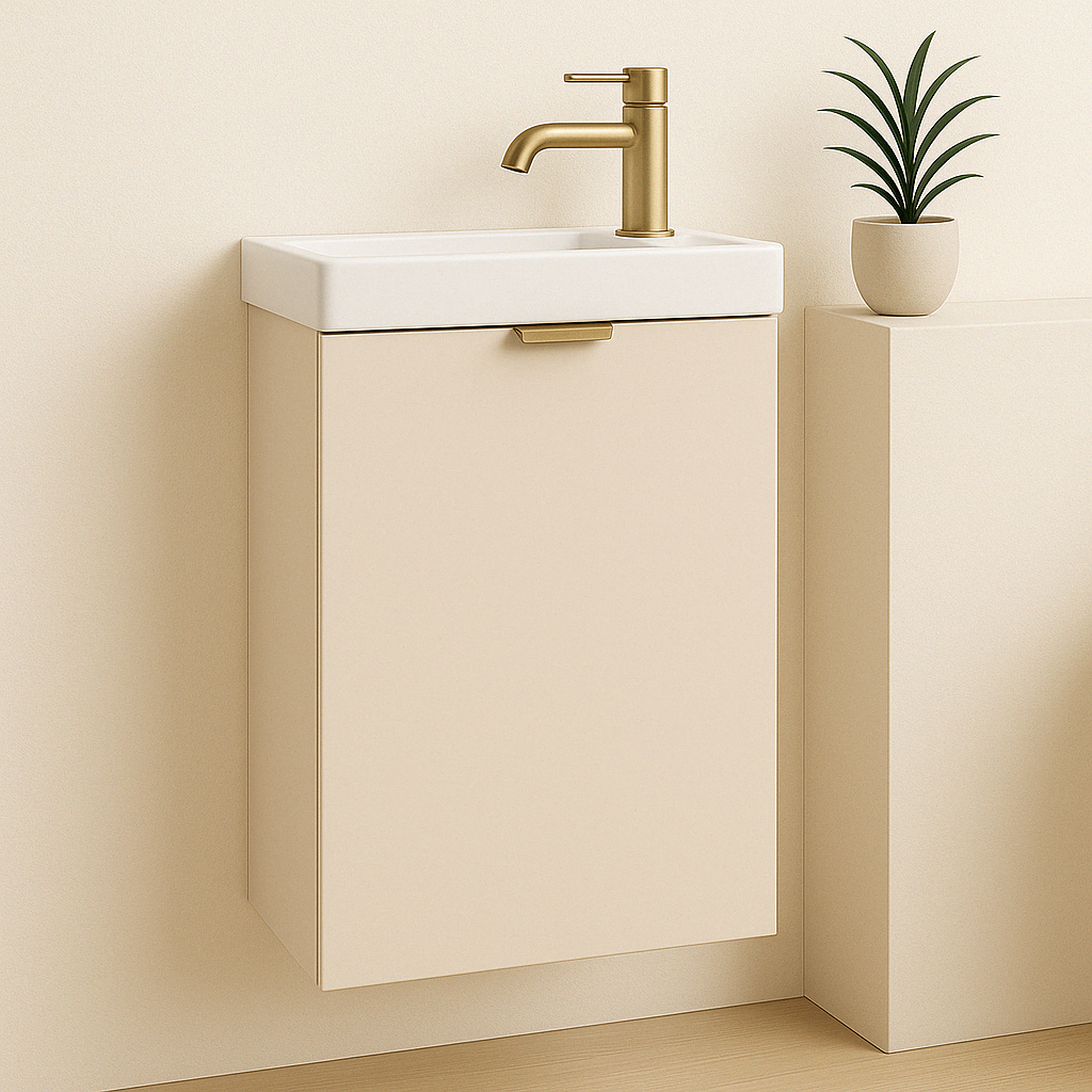 Dulap pentru lavoar 40 cm cu chiuvetă, fronturi netede cășmir și mâner metalic auriu, design modern, compact și funcțional.