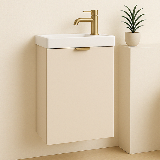 Dulap pentru lavoar 40 cm cu chiuvetă, fronturi netede cășmir și mâner metalic auriu, design modern, compact și funcțional.