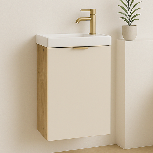 Dulap pentru lavoar 40 cm cu chiuvetă, fronturi cășmir, corp stejar Artisan, mâner metalic auriu, design modern și compact.