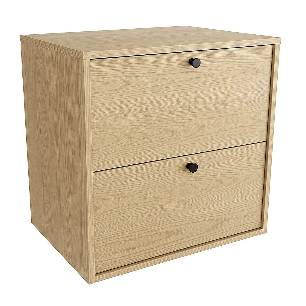 Dulap pentru lavoar 60 cm Belino Stejar Cremona, cu 2 sertare Soft-Close și blat rezistent la umiditate, butoni metalici negri sau aurii, ideal pentru băi moderne.