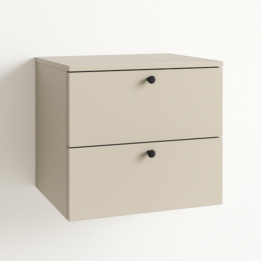 Dulap pentru lavoar Beti 60 cm în nuanța cășmir, cu fronturi netede, 2 sertare SOFT-CLOSE și mânere metalice clasice.