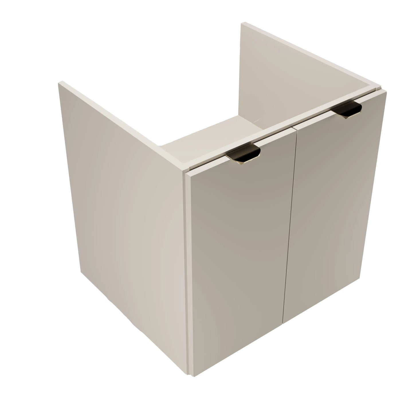 Waschtischunterschrank Orio 60 cm Kaschmir mit 2 Türen, glatten Fronten, Innenregal und goldenen Griffen – eleganter Stauraum fürs Badezimmer.