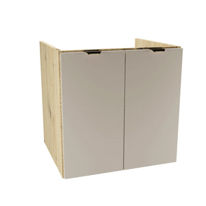 Dulap pentru lavoar 60 cm Orio Casmir/Stejar Artisan, cu 2 uși netede și raft interior, mânere aurii sau negre, livrat fără blat, ideal pentru băi moderne și elegante.