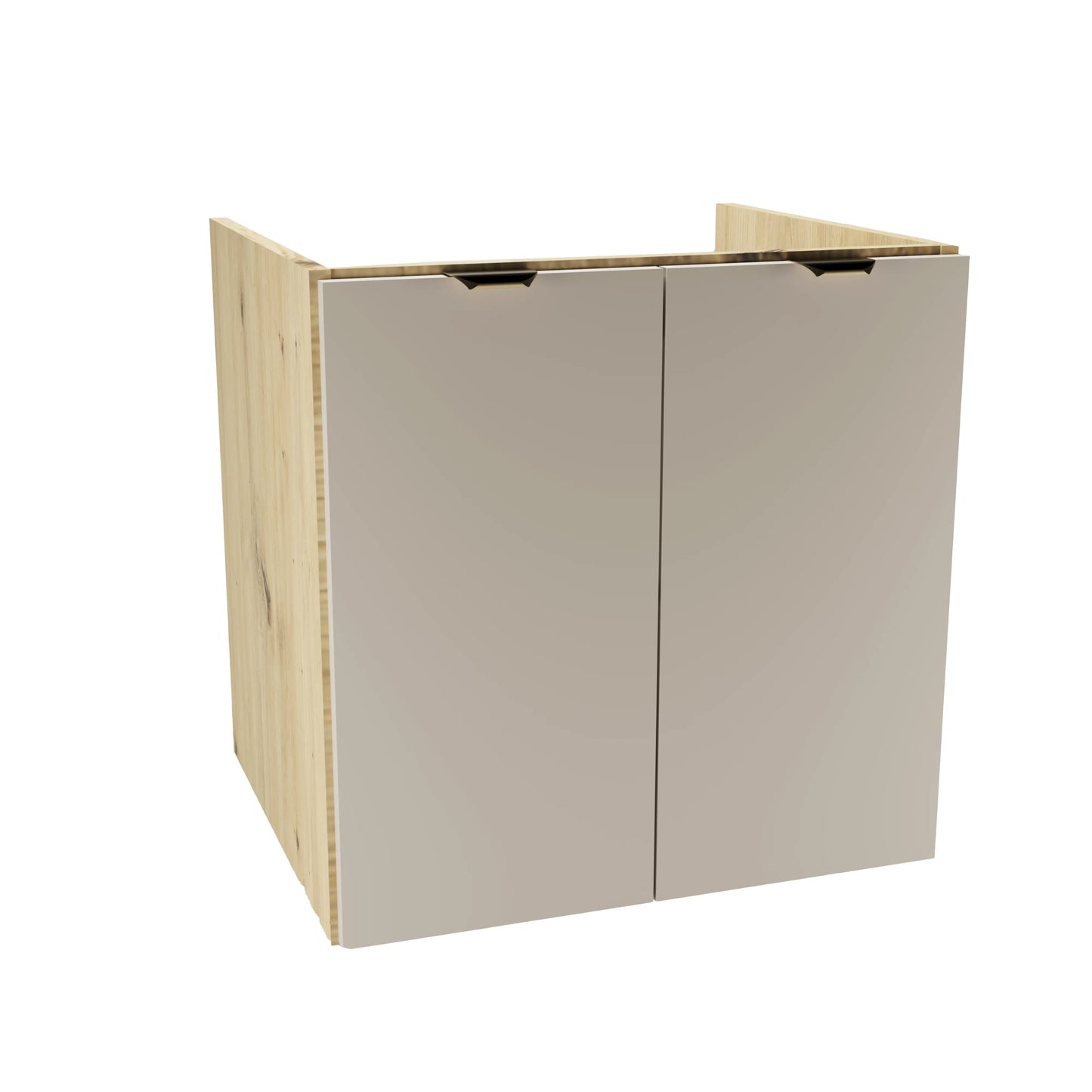 Dulap pentru lavoar 60 cm Orio Casmir/Stejar Artisan, cu 2 uși netede și raft interior, mânere aurii sau negre, livrat fără blat, ideal pentru băi moderne și elegante.