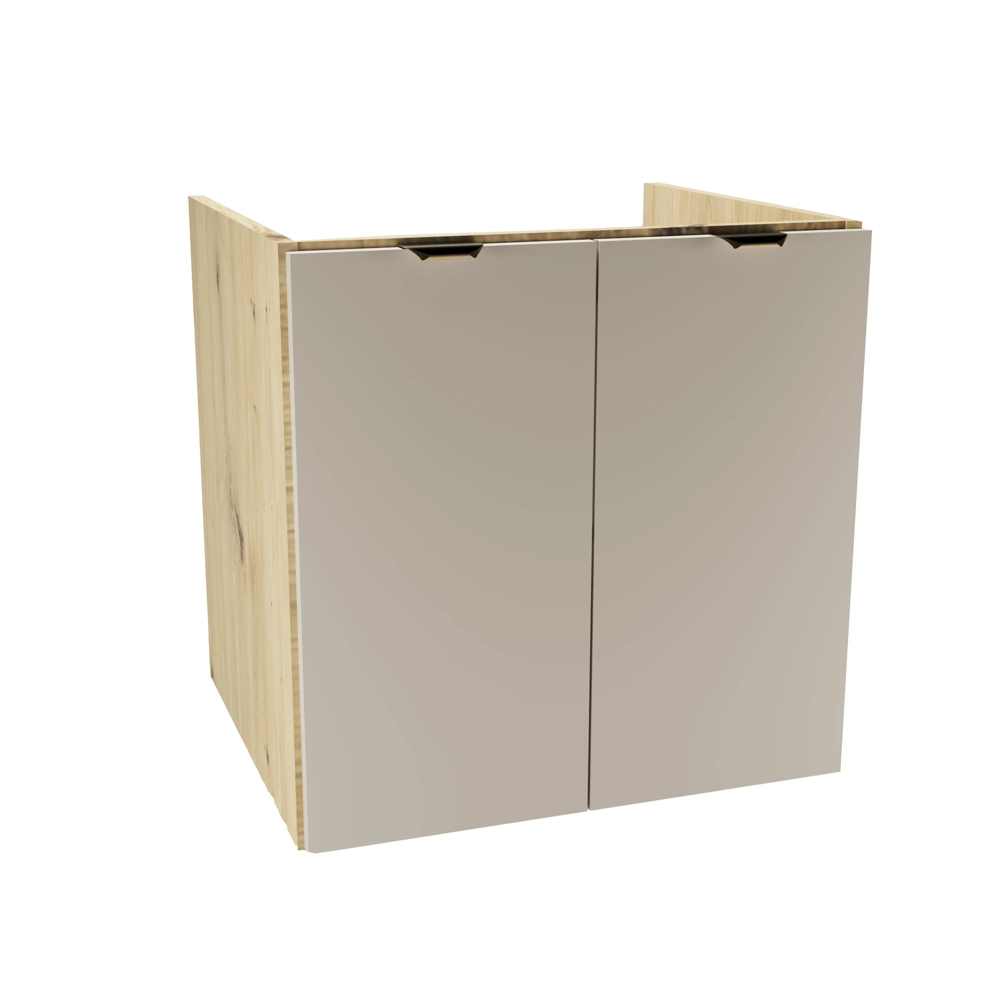 Dulap pentru lavoar 60 cm Orio Casmir/Stejar Artisan, cu 2 uși netede și raft interior, mânere aurii sau negre, livrat fără blat, ideal pentru băi moderne și elegante.