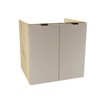 Dulap pentru lavoar 60 cm Orio Casmir/Stejar Artisan, cu 2 uși netede și raft interior, mânere aurii sau negre, livrat fără blat, ideal pentru băi moderne și elegante.