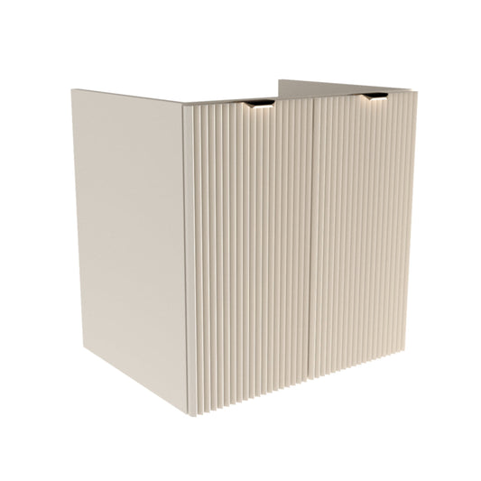 Dulap pentru lavoar 60 cm Willy Casmir, cu 2 uși striate și raft interior, mânere aurii sau negre, livrat fără blat, perfect pentru băi elegante și moderne.