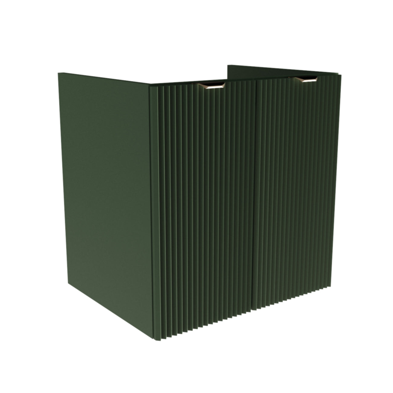 Dulap pentru lavoar 60 cm Willy Salvie Verde, cu 2 uși striate și raft interior, mânere aurii sau negre, livrat fără blat, ideal pentru băi moderne și naturale.