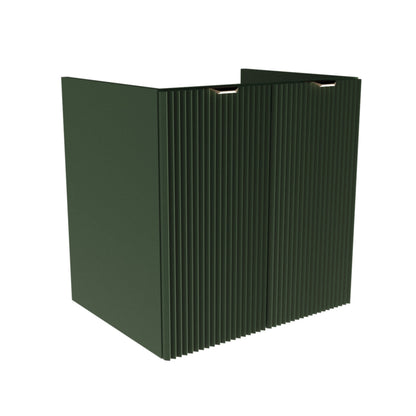 Dulap pentru lavoar 60 cm Willy Salvie Verde, cu 2 uși striate și raft interior, mânere aurii sau negre, livrat fără blat, ideal pentru băi moderne și naturale.