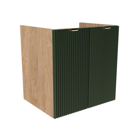 Dulap pentru lavoar 60 cm Willy Salvie Verde/Nuc, cu 2 uși striate și raft interior, mânere aurii sau negre, livrat fără blat, perfect pentru băi moderne și elegante.