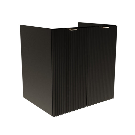 Dulap pentru lavoar 60 cm Willy negru, cu 2 uși striate și raft interior, mânere metalice negre, livrat fără blat, ideal pentru băi moderne și elegante.