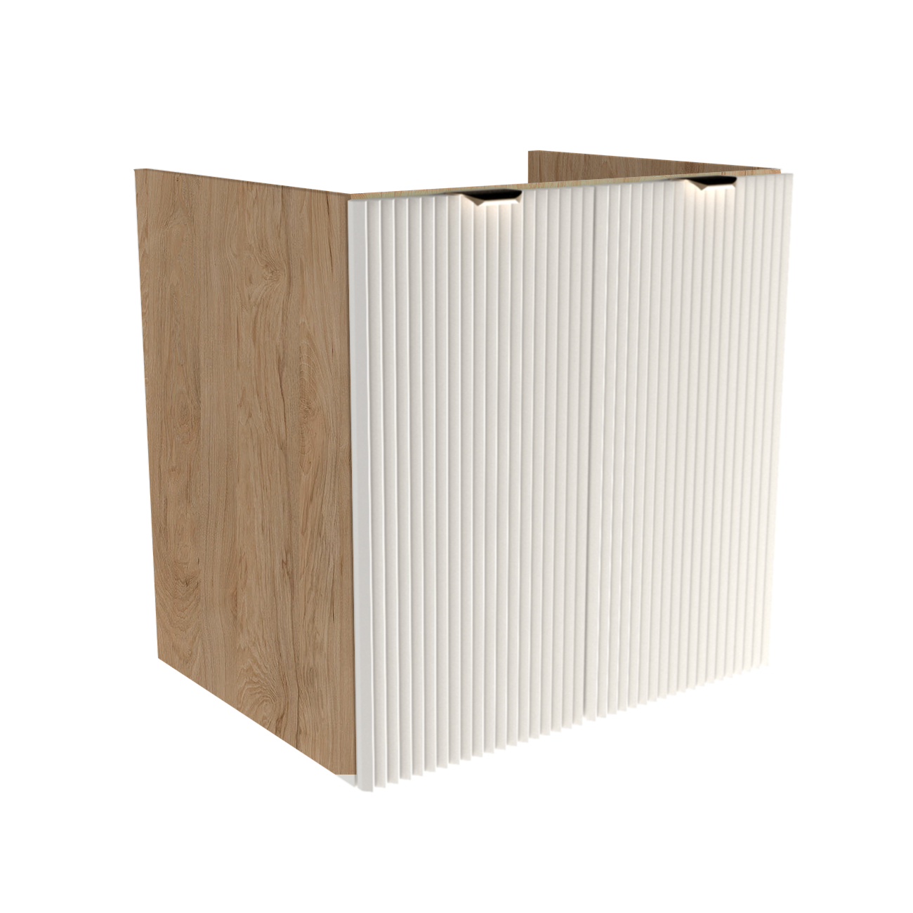 Dulap pentru lavoar 60 cm Willy alb/nuc, cu 2 uși striate și raft interior, mânere aurii sau negre, livrat fără blat, ideal pentru băi moderne și elegante.