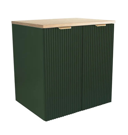 Dulap pentru lavoar Willy 60 cm Verde Salvie cu blat Nuc, uși canelate, raft interior și mânere metalice negre sau aurii.